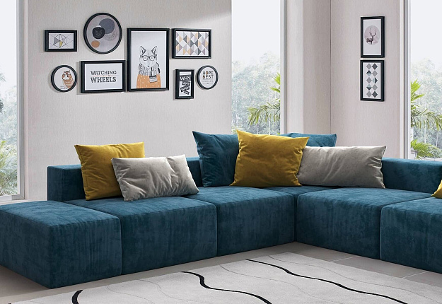 Компактный бескаркасный диван Драм синего цвета с подушками в антивандальной ткани